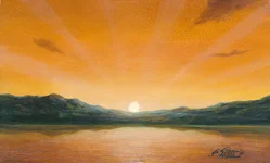 Sonnenuntergang im Dialog – Ölbild auf Holztafel mit dem Thema Breite.
