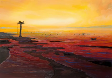 Beach Cafe – Ölbild auf Holztafel mit dem Thema Meer oder See.