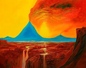 Blauer Vulkan – Ölbild auf Leinwand mit dem Thema Thema.