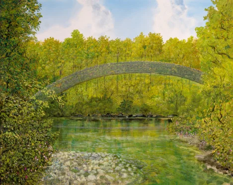 Brücke über Teich – Ölbild auf Leinwand mit dem Thema Technik.