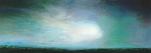 Aufbruch – Ölbild auf Holztafel mit dem Thema vorwiegend Wolken.