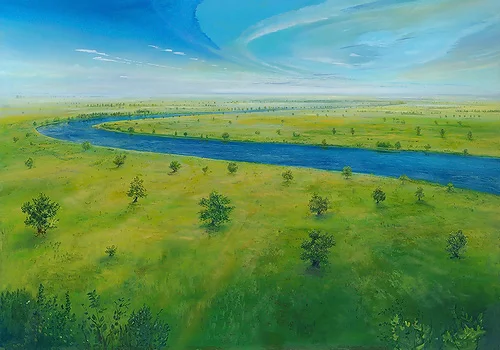 Blattland – Acryl auf Holztafel mit dem Thema weite Landschaften.