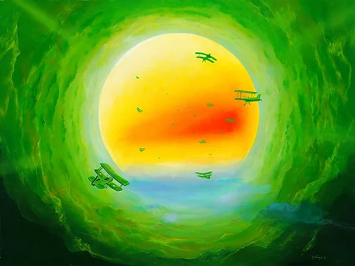 Flugversuche – Acryl auf Holztafel mit dem Thema zentrale Sonne.