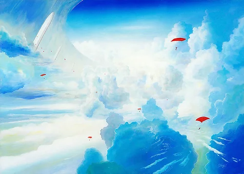 Höhenflug – Acryl auf Holztafel mit dem Thema vorwiegend Wolken.