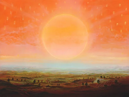 Sonnenhaus – Ölbild auf Holztafel mit dem Thema zentrale Sonne.