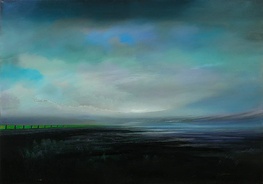 Stahlkette – Ölbild auf Leinwand mit dem Thema weite Landschaften.