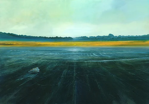 Strandnoten – Ölbild auf Holztafel mit dem Thema Meer oder See.