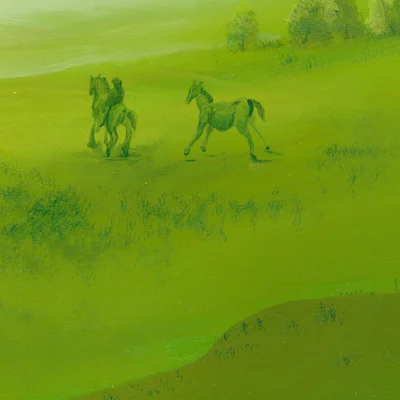 Detail 1 zu Das halluzinogene Pferdchen – Acryl auf Holztafel mit dem Thema weite Landschaften.