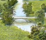 Detail 1 zu Flussbrücke – Ölbild auf Holztafel mit dem Thema weite Landschaften.