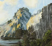 Detail 2 zu Frei nach Bierstadt – Ölbild auf Leinwand mit dem Thema Wasserfälle.