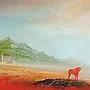Detail 4 zu Roter Stier(2) – Ölbild auf Holztafel mit dem Thema vorwiegend Wolken.